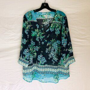 J. Jill Women's Size Large Blue Floral Semi Sheer Blouse‎ Top